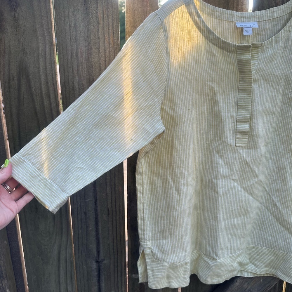 J. Jill Love Linen Lime Green Pin Striped Loose Fit Tunic Style Blouse - Picture 2 of 6